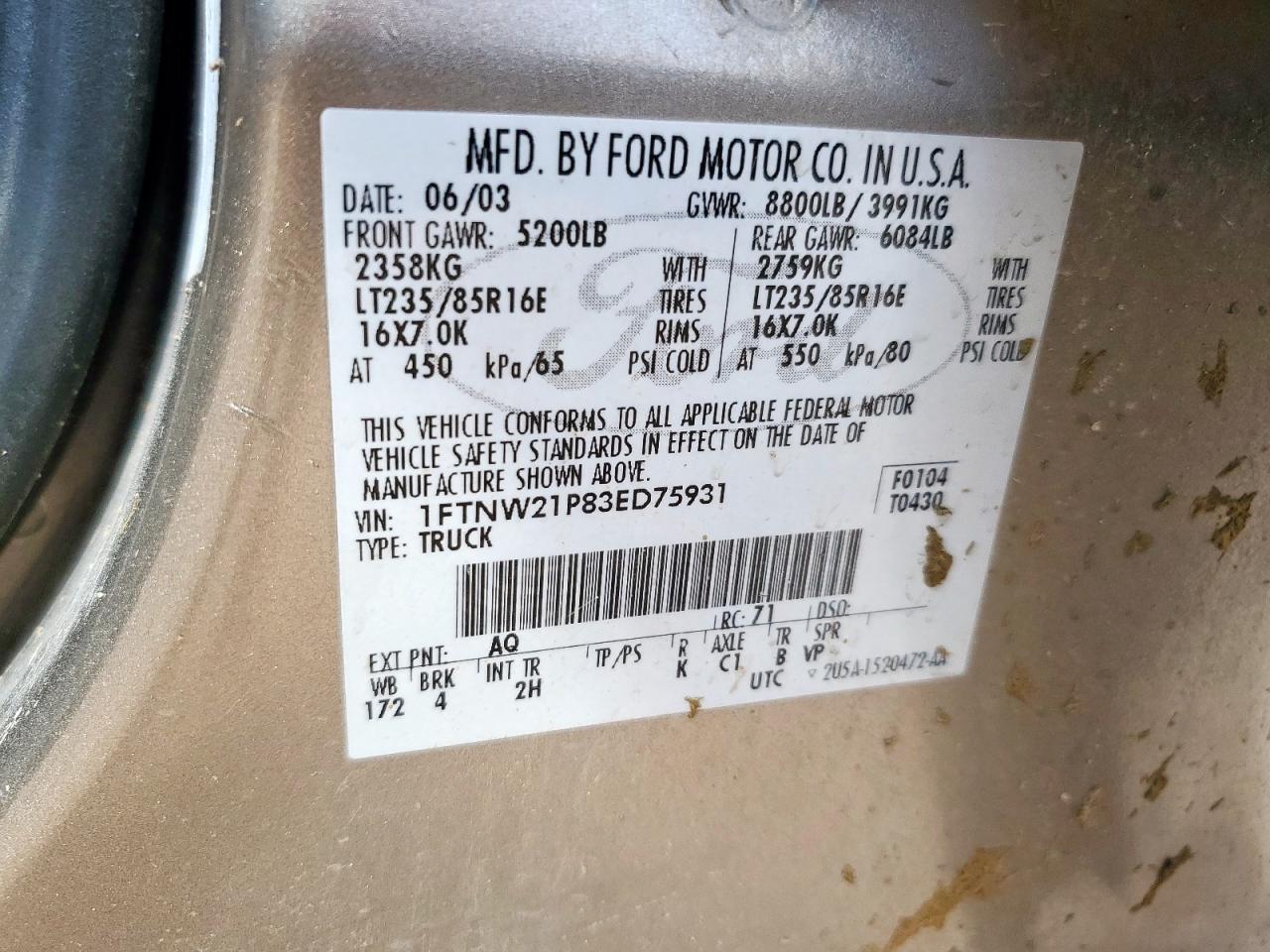 2003 Ford F250 Super Duty VIN: 1FTNW21P83ED75931 Lot: 80569945