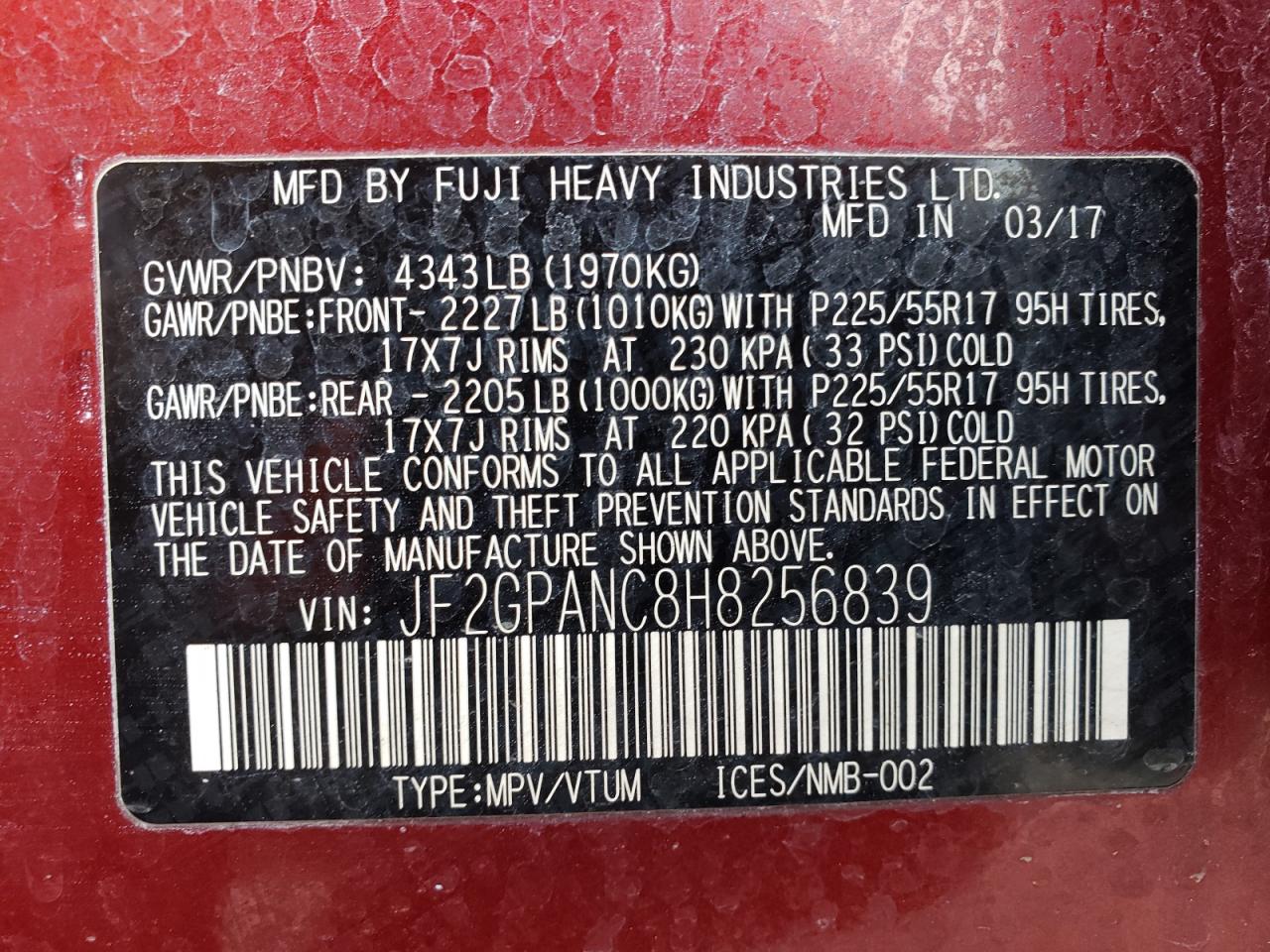 2017 Subaru Crosstrek Limited VIN: JF2GPANC8H8256839 Lot: 81442245