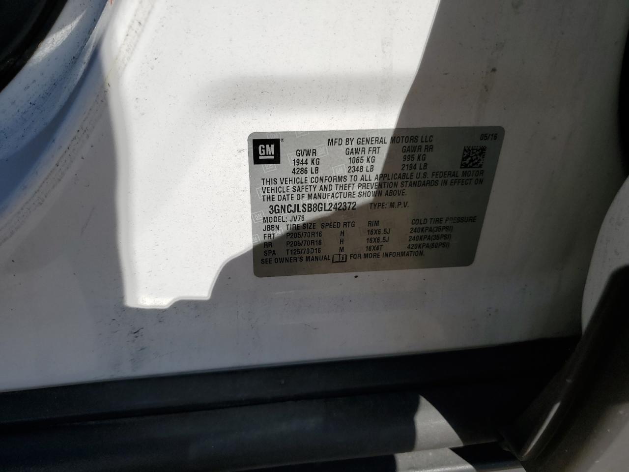 2016 Chevrolet Trax 1Lt VIN: 3GNCJLSB8GL242372 Lot: 80159545