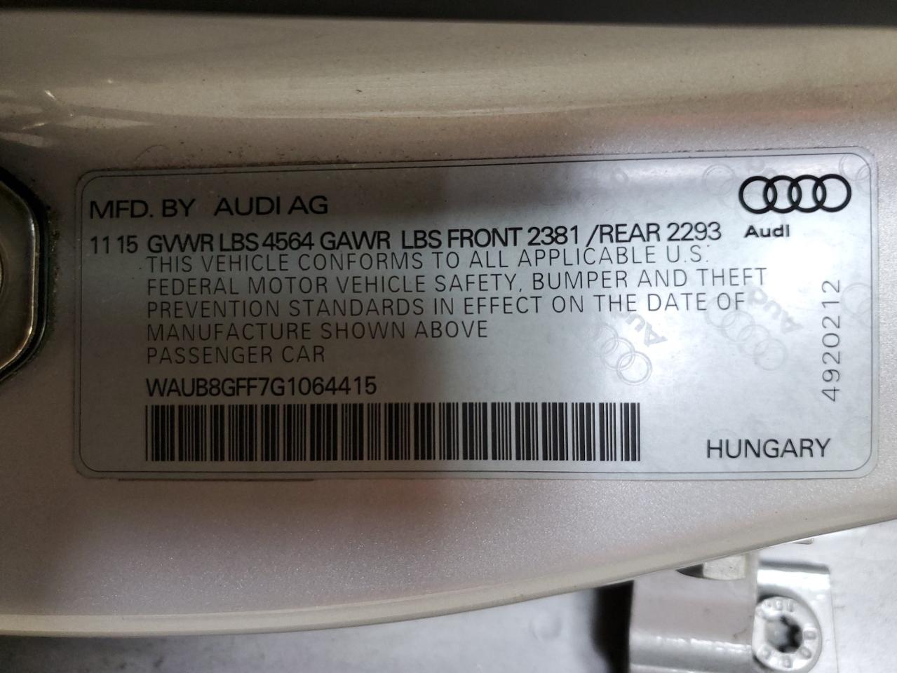 2016 Audi A3 Premium VIN: WAUB8GFF7G1064415 Lot: 84198975