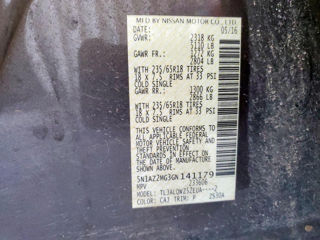 2016 Nissan Murano S VIN: 5N1AZ2MG3GN141179 Lot: 81662025