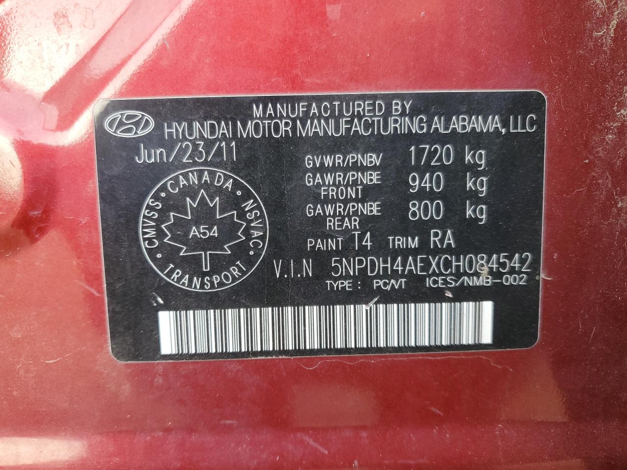 2012 Hyundai Elantra Gls VIN: 5NPDH4AEXCH084542 Lot: 80881925