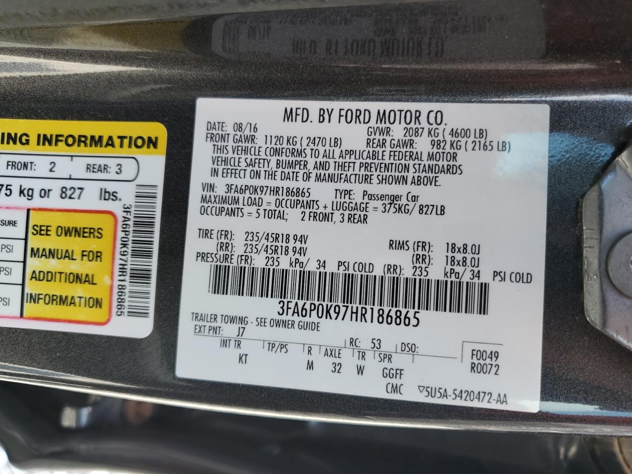 2017 Ford Fusion Titanium VIN: 3FA6P0K97HR186865 Lot: 81063545