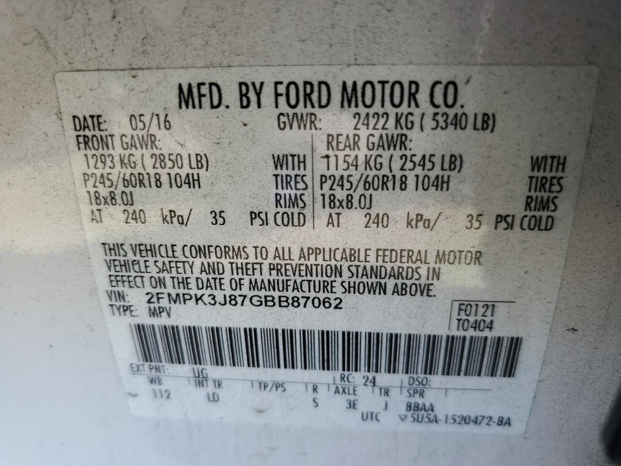 2016 Ford Edge Sel VIN: 2FMPK3J87GBB87062 Lot: 80764035