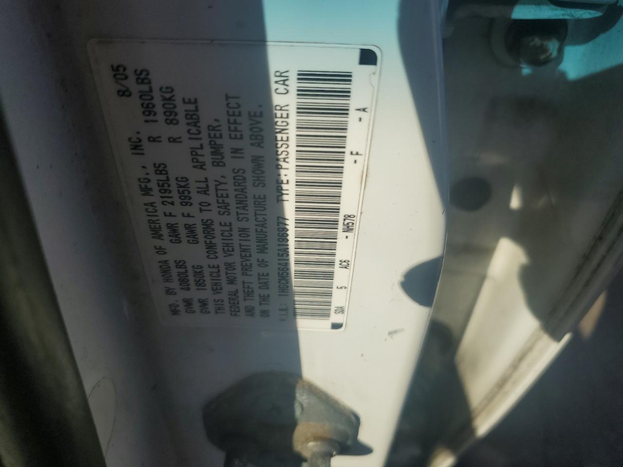 2005 Honda Accord Lx VIN: 1HGCM56415A196977 Lot: 71240745