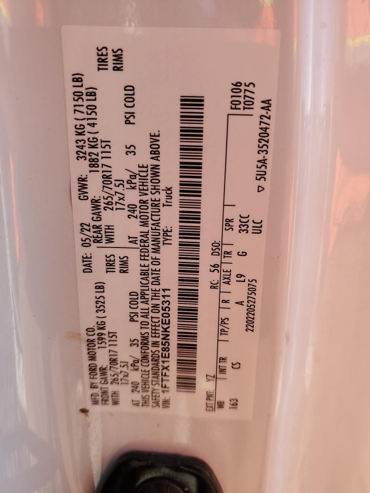 2022 Ford F150 Super Cab VIN: 1FTFX1E85NKE05311 Lot: 81008425