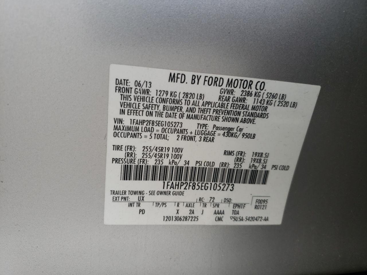 2014 Ford Taurus Limited VIN: 1FAHP2F85EG105273 Lot: 71698265