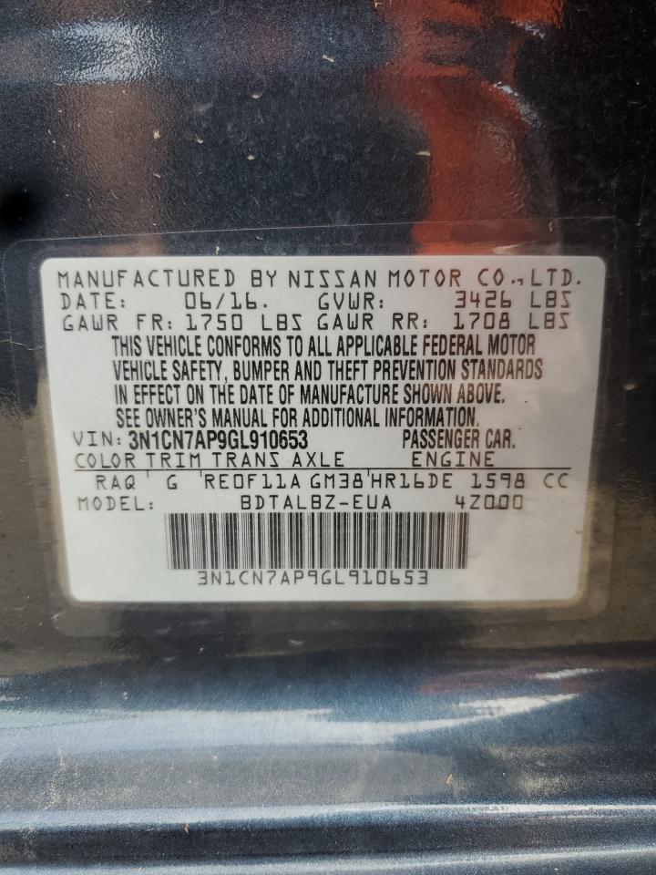 2016 Nissan Versa S VIN: 3N1CN7AP9GL910653 Lot: 71244755