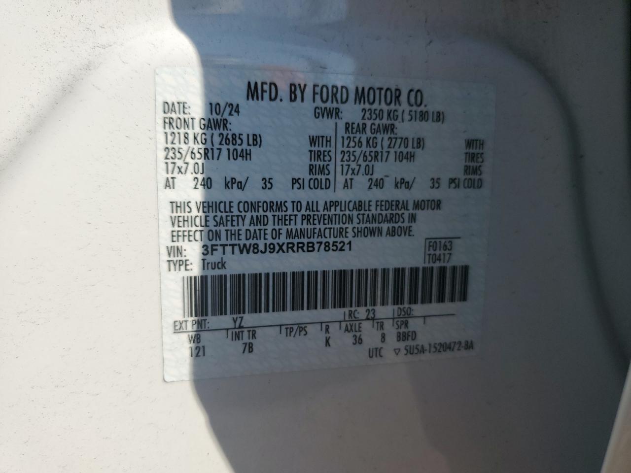 2024 Ford Maverick Xlt VIN: 3FTTW8J9XRRB78521 Lot: 81570205