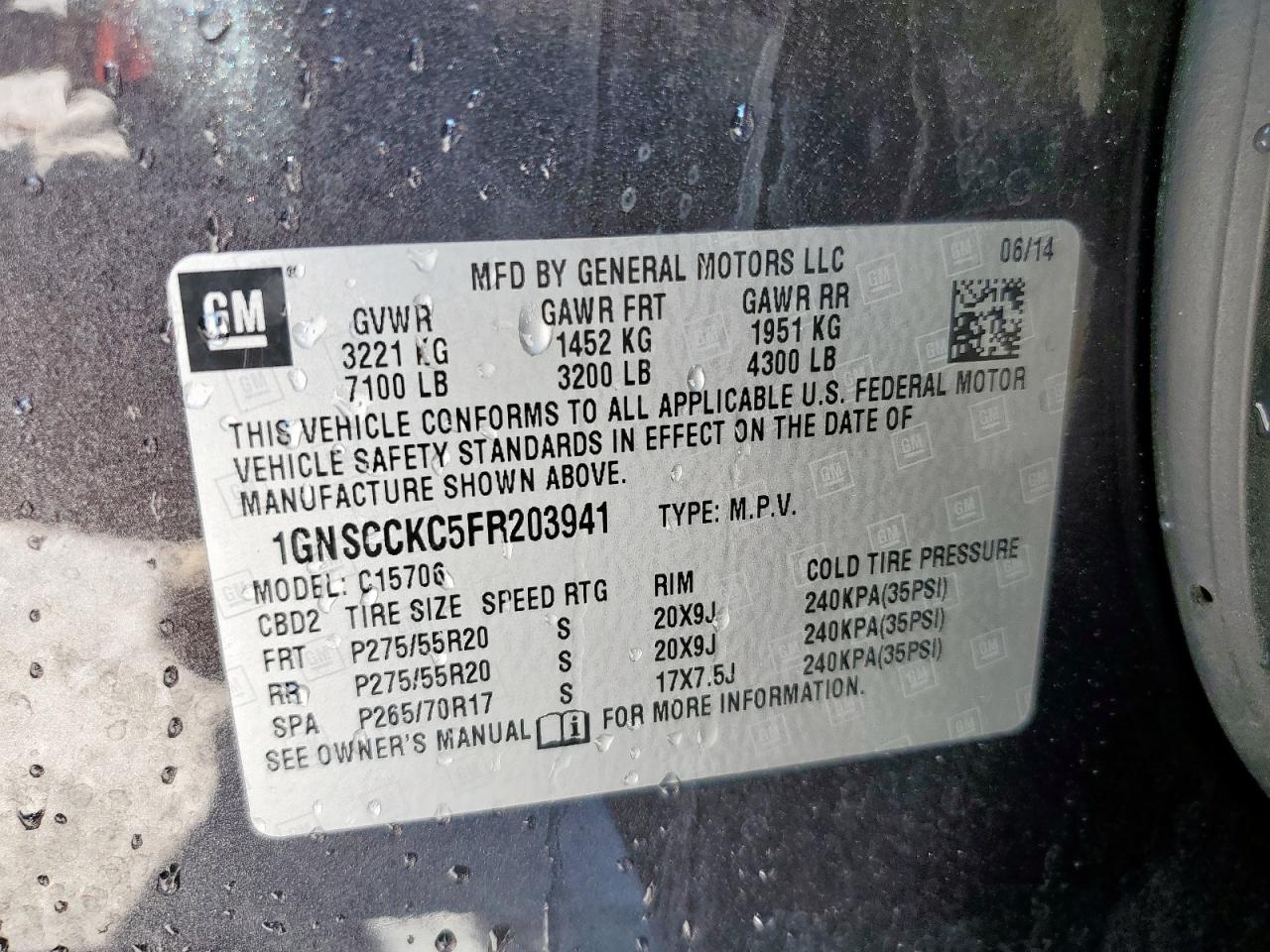 2015 Chevrolet Tahoe C1500 Ltz VIN: 1GNSCCKC5FR203941 Lot: 71234985