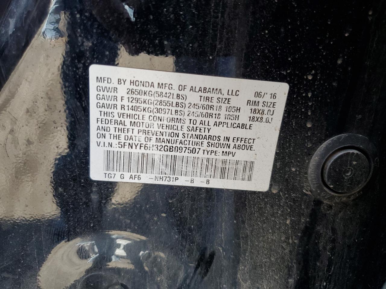 2016 Honda Pilot Ex VIN: 5FNYF6H32GB097507 Lot: 81422075