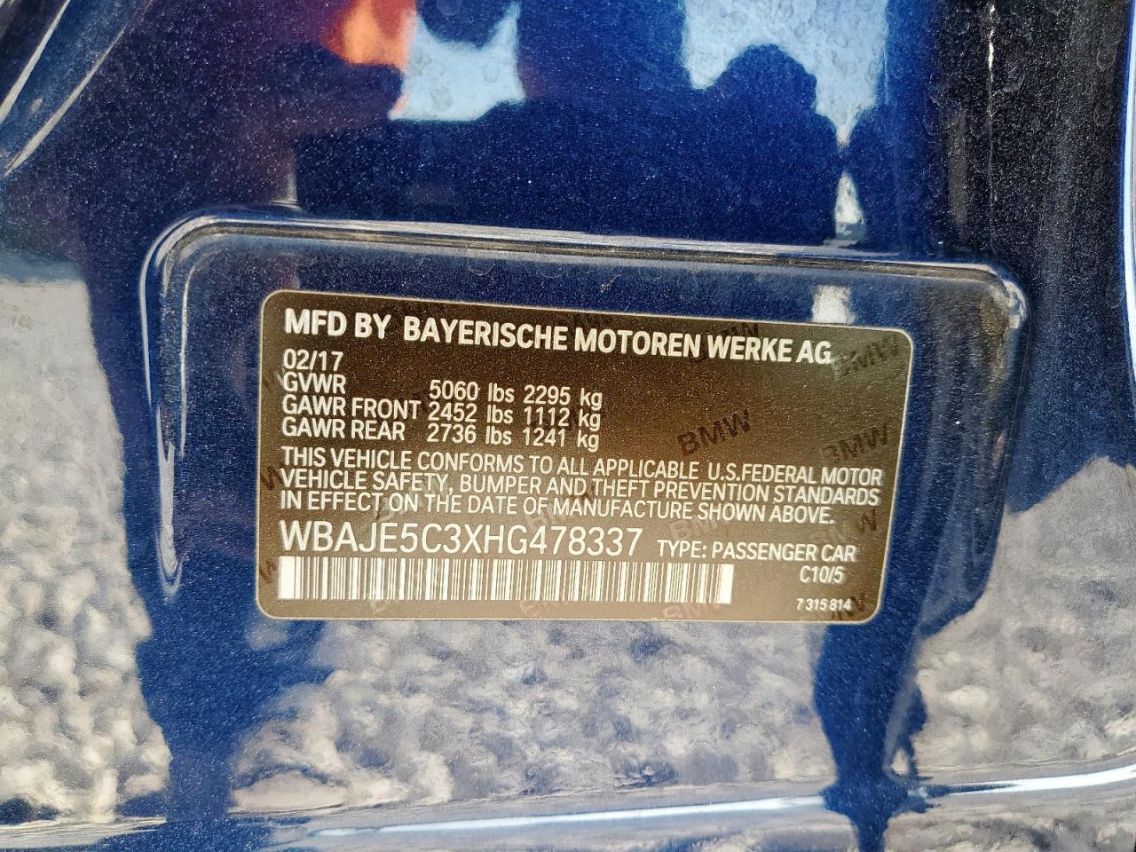 2017 BMW 540 I VIN: WBAJE5C3XHG478337 Lot: 84199185