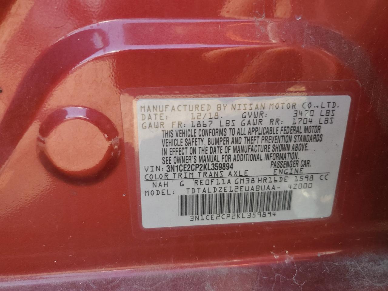 2019 Nissan Versa Note S VIN: 3N1CE2CP2KL359894 Lot: 82067375