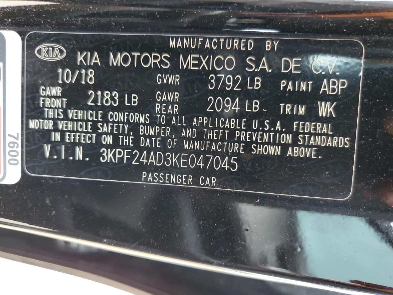 2019 Kia Forte Fe VIN: 3KPF24AD3KE047045 Lot: 81827355