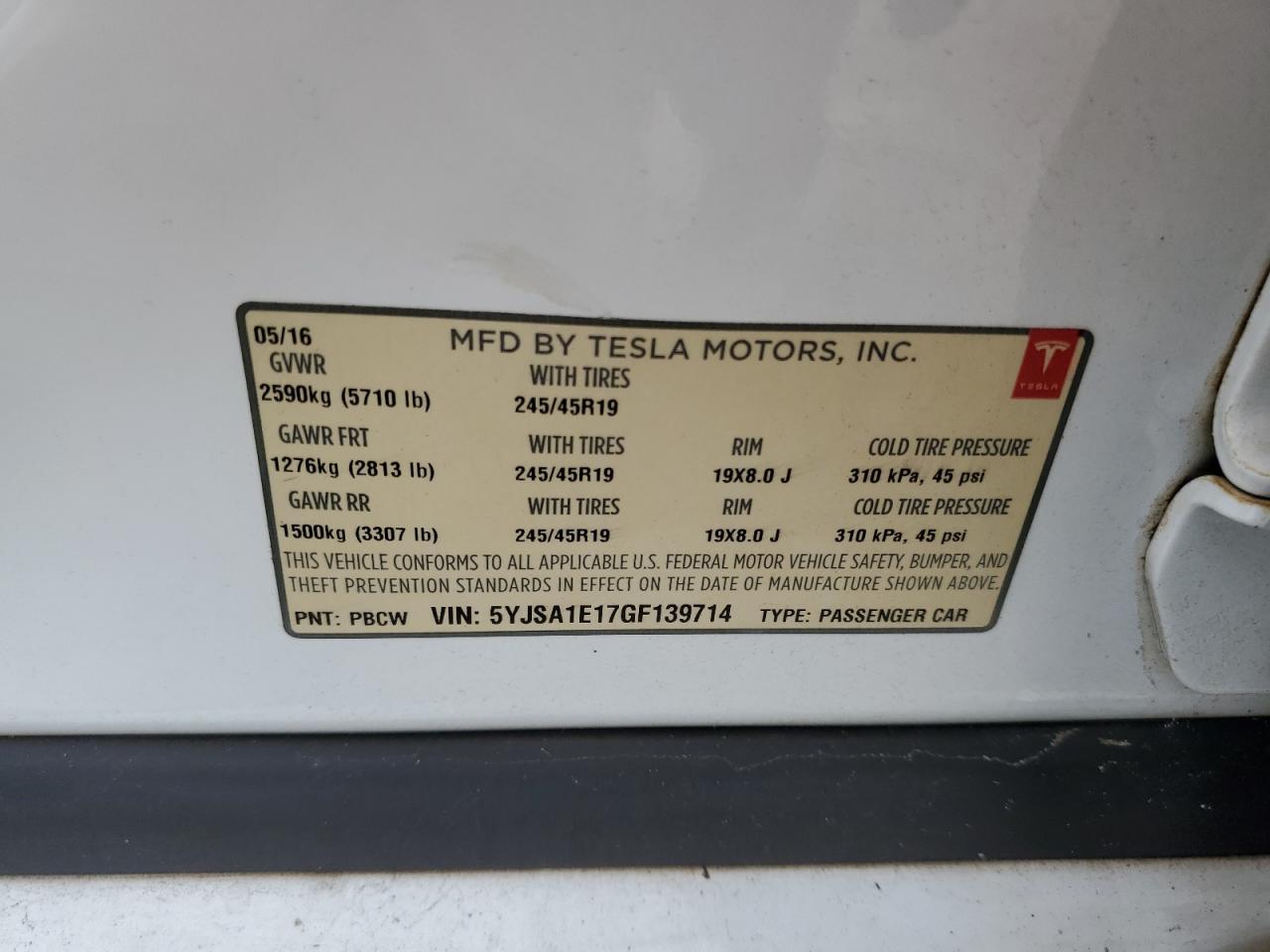 2016 Tesla Model S VIN: 5YJSA1E17GF139714 Lot: 71545785