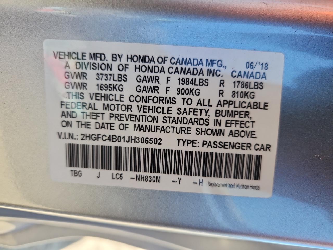 2018 Honda Civic Lx VIN: 2HGFC4B01JH306502 Lot: 80662875