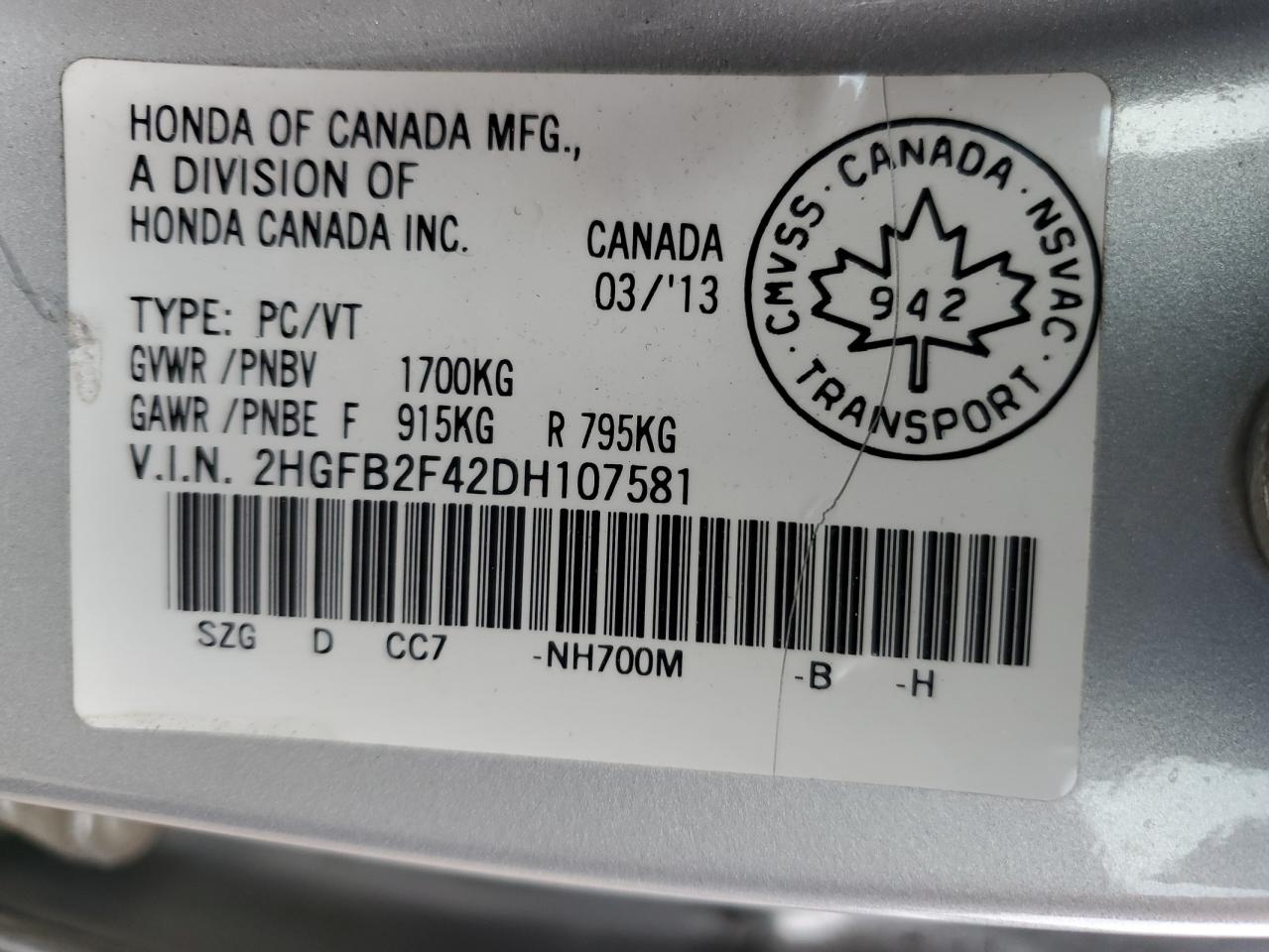 2013 Honda Civic Lx VIN: 2HGFB2F42DH107581 Lot: 81423025