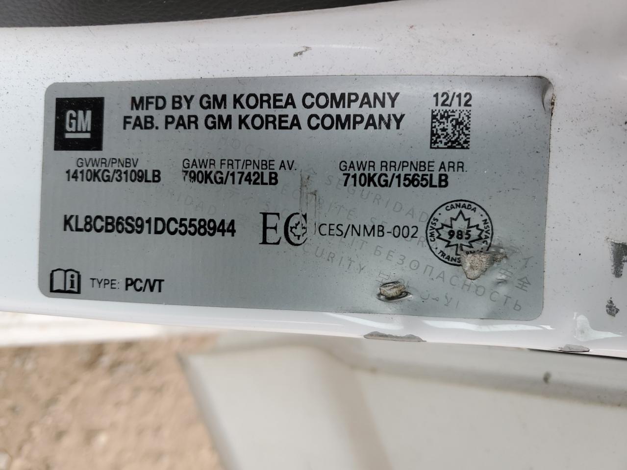 2013 Chevrolet Spark Ls VIN: KL8CB6S91DC558944 Lot: 70594545