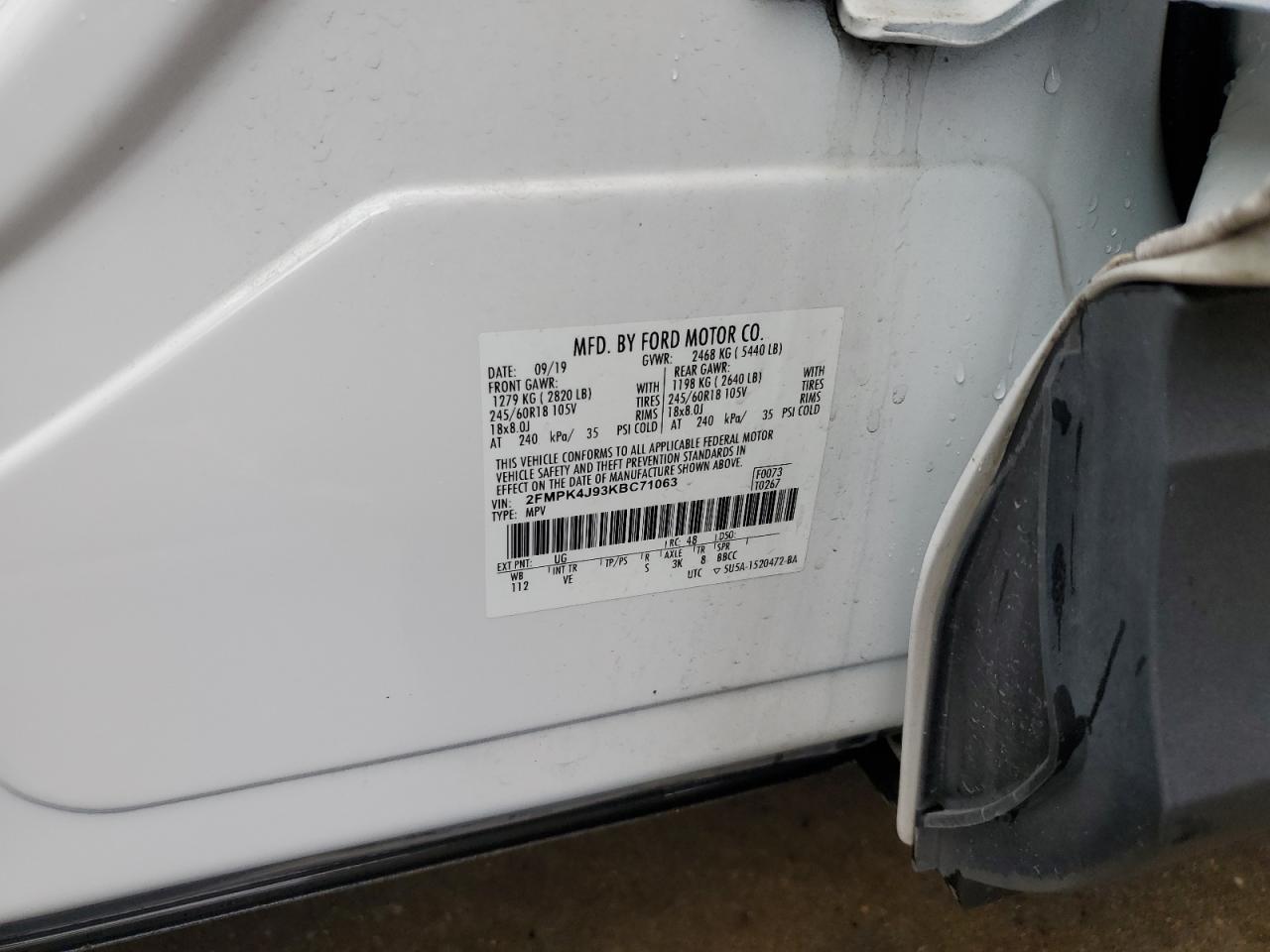 2019 Ford Edge Sel VIN: 2FMPK4J93KBC71063 Lot: 81486625