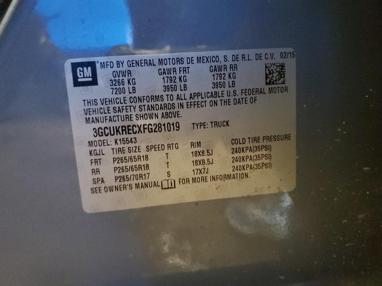 2015 Chevrolet Silverado K1500 Lt VIN: 3GCUKRECXFG281019 Lot: 81680855