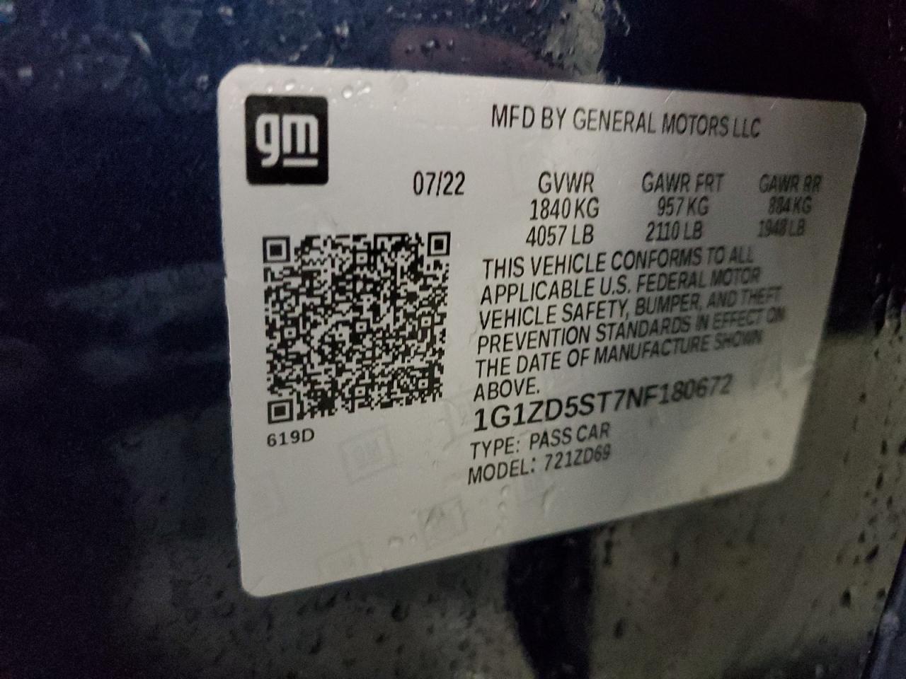 2022 Chevrolet Malibu Lt VIN: 1G1ZD5ST7NF180672 Lot: 84015735