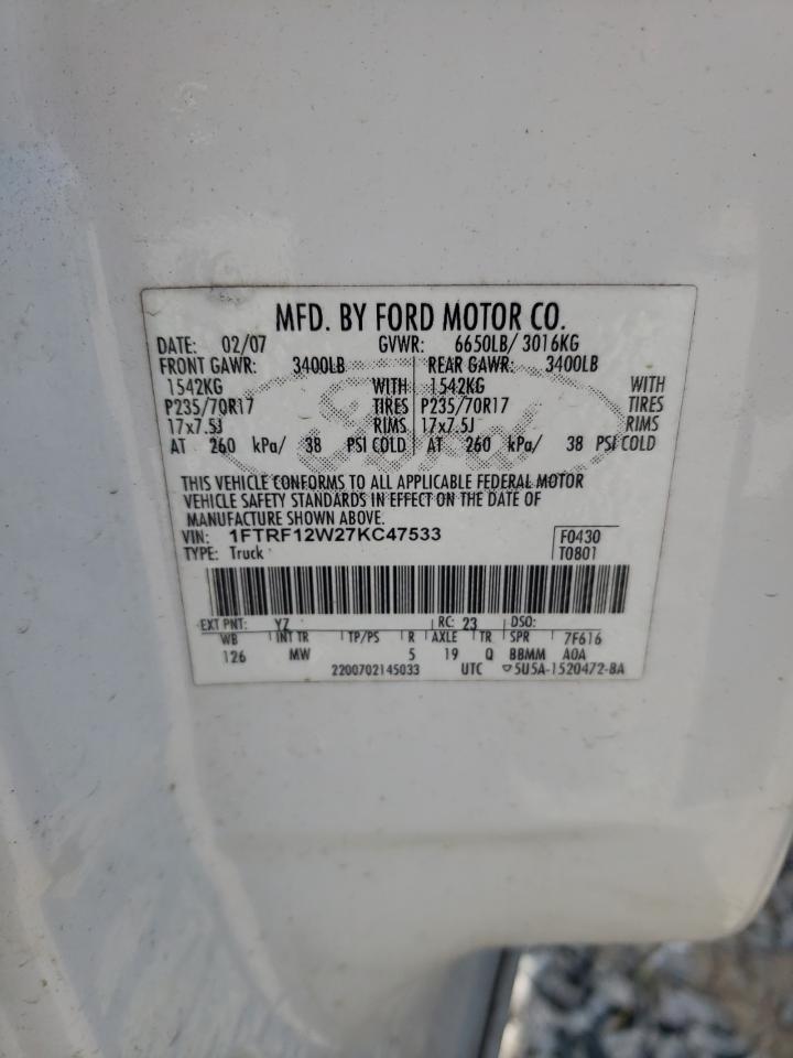 2007 Ford F150 VIN: 1FTRF12W27KC47533 Lot: 71984895