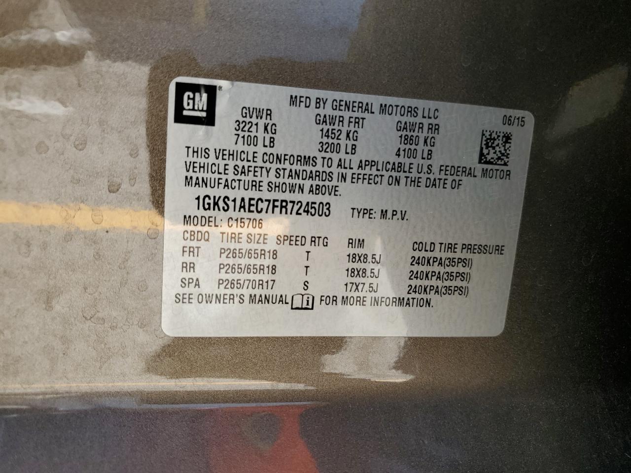 2015 GMC Yukon Sle VIN: 1GKS1AEC7FR724503 Lot: 69145175