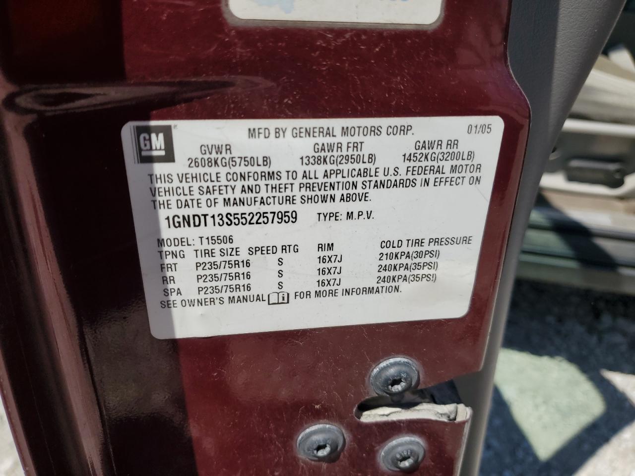 2005 Chevrolet Trailblazer Ls VIN: 1GNDT13S552257959 Lot: 71829285