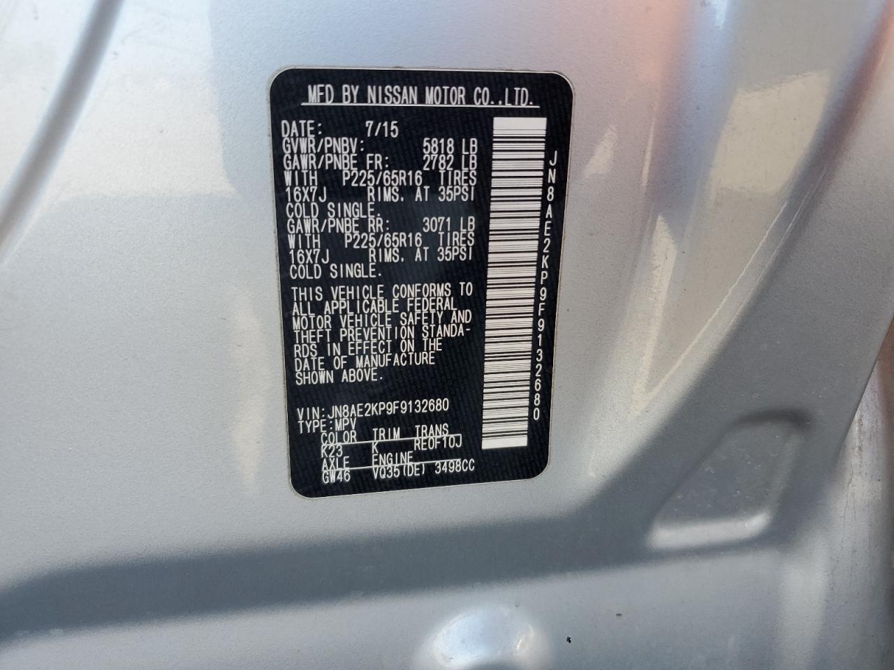 2015 Nissan Quest S VIN: JN8AE2KP9F9132680 Lot: 81960385