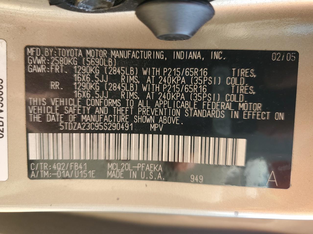 2005 Toyota Sienna Ce VIN: 5TDZA23C95S290491 Lot: 80013145