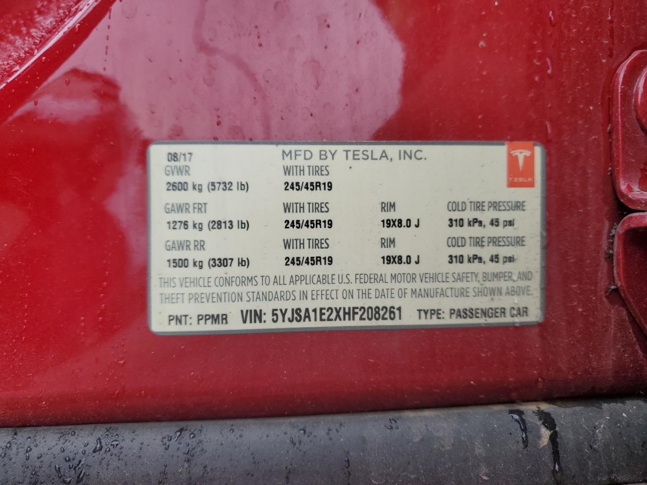 2017 Tesla Model S VIN: 5YJSA1E2XHF208261 Lot: 81592285
