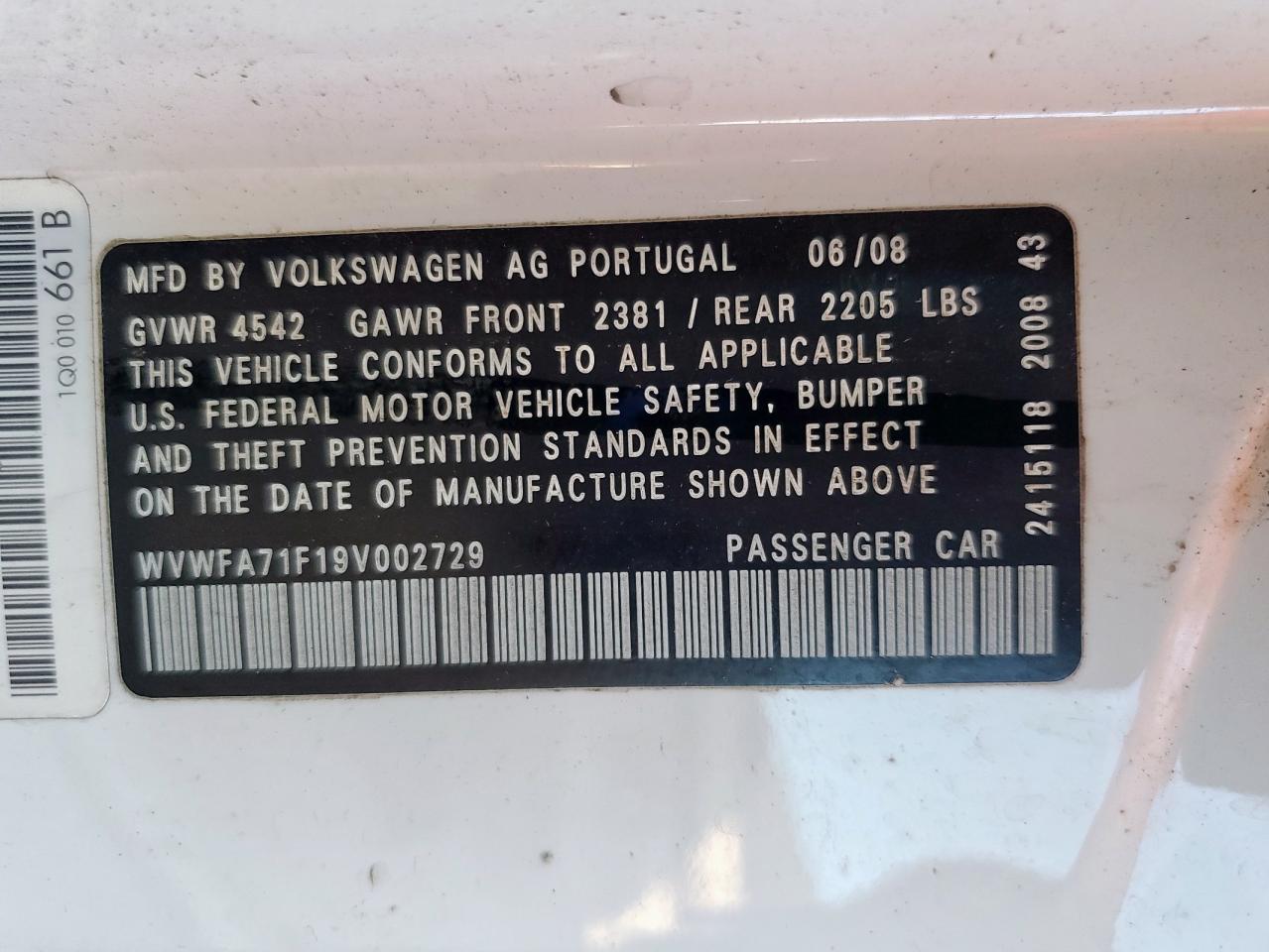 2009 Volkswagen Eos Lux VIN: WVWFA71F19V002729 Lot: 81226835