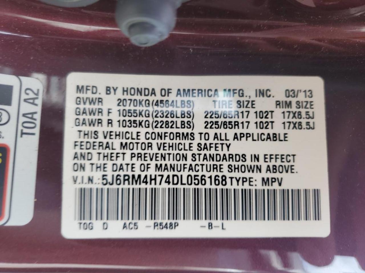 2013 Honda Cr-V Exl VIN: 5J6RM4H74DL056168 Lot: 80529175