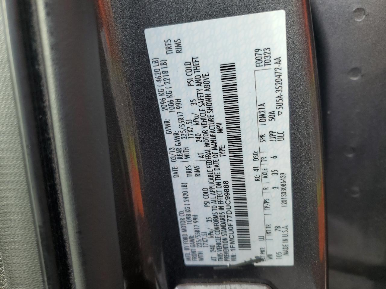 2013 Ford Escape S VIN: 1FMCU0F77DUC99888 Lot: 83829355