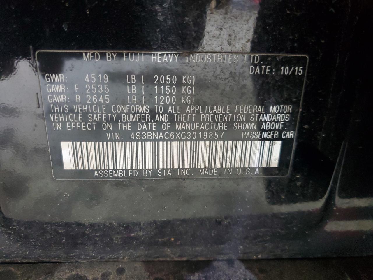 2016 Subaru Legacy 2.5I Premium VIN: 4S3BNAC6XG3019857 Lot: 72022165