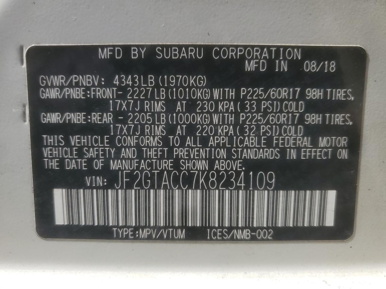 2019 Subaru Crosstrek Premium VIN: JF2GTACC7K8234109 Lot: 84031575