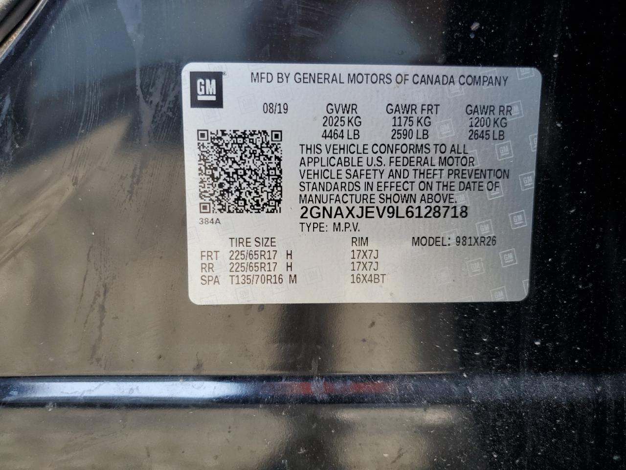 2020 Chevrolet Equinox Lt VIN: 2GNAXJEV9L6128718 Lot: 80334155