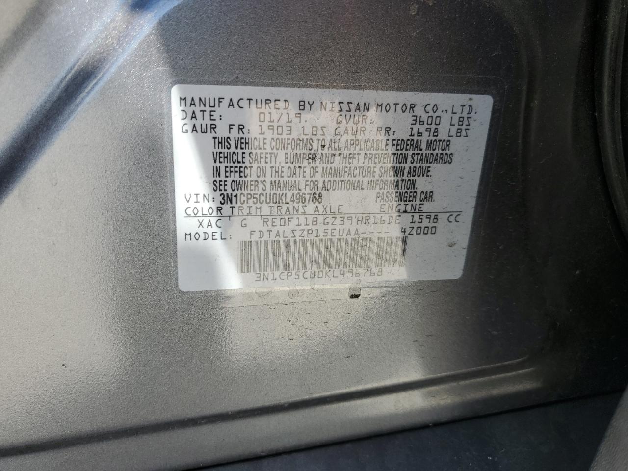 2019 Nissan Kicks S VIN: 3N1CP5CU0KL496768 Lot: 80484025