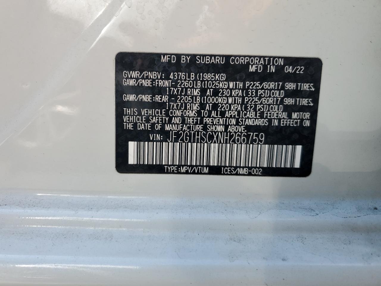 2022 Subaru Crosstrek Sport VIN: JF2GTHSCXNH266759 Lot: 84293265