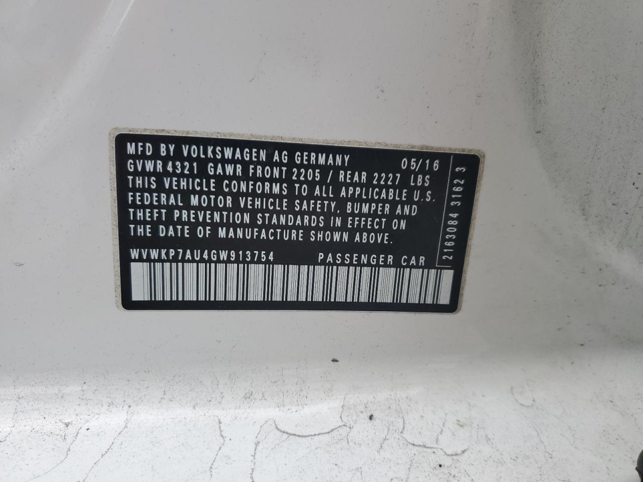 2016 Volkswagen E-Golf Se VIN: WVWKP7AU4GW913754 Lot: 82078425