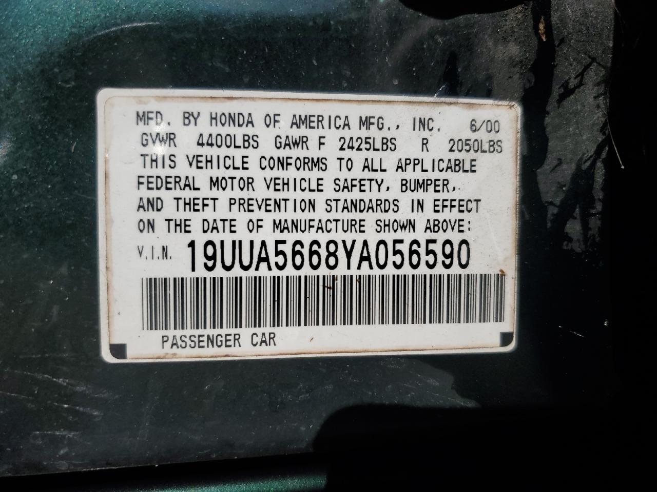 2000 Acura 3.2Tl VIN: 19UUA5668YA056590 Lot: 82059785