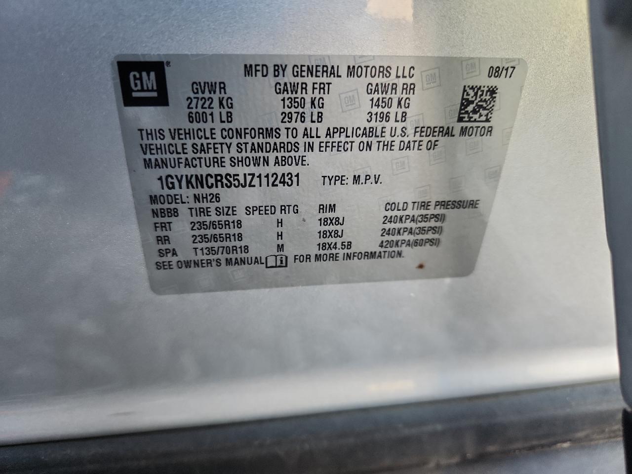 2018 Cadillac Xt5 Luxury VIN: 1GYKNCRS5JZ112431 Lot: 80135025