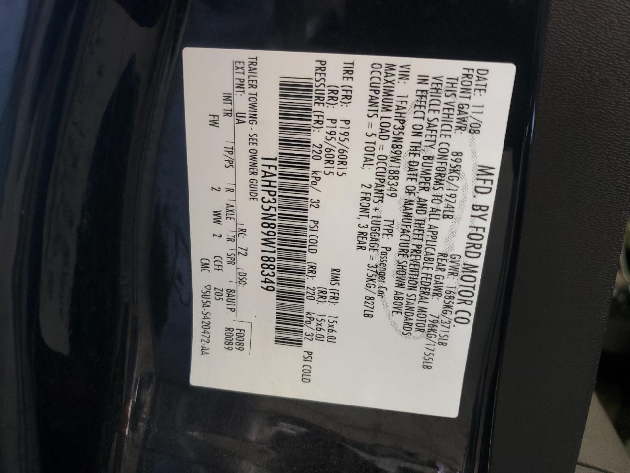 2009 Ford Focus Se VIN: 1FAHP35N89W188349 Lot: 71366165