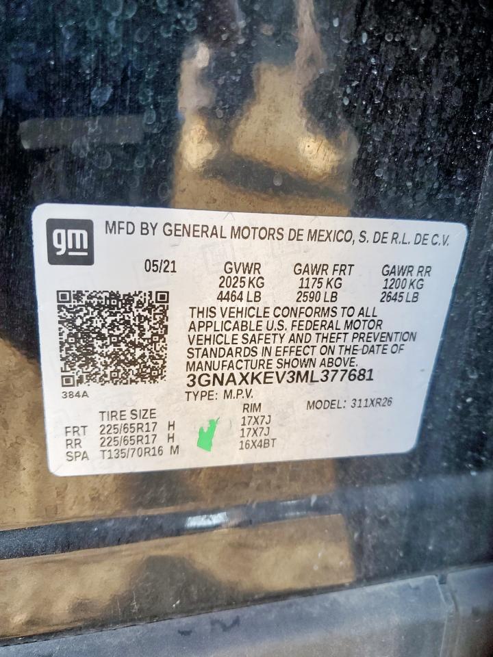 2021 Chevrolet Equinox Lt VIN: 3GNAXKEV3ML377681 Lot: 81874295