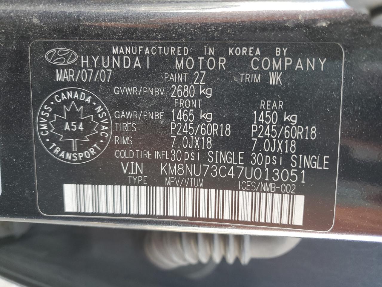 2007 Hyundai Veracruz Gls VIN: KM8NU73C47U013051 Lot: 81491085