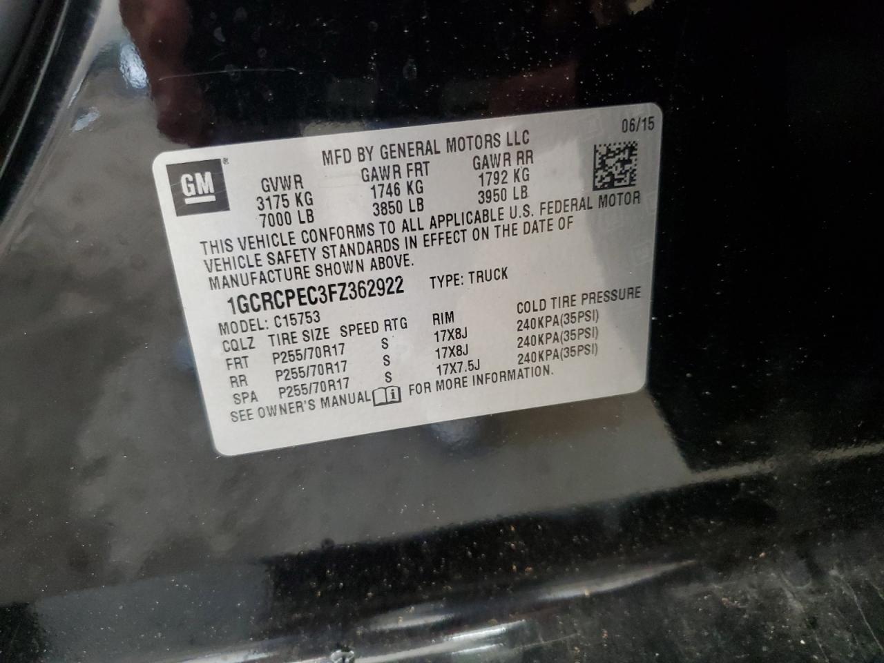 2015 Chevrolet Silverado C1500 VIN: 1GCRCPEC3FZ362922 Lot: 81204295
