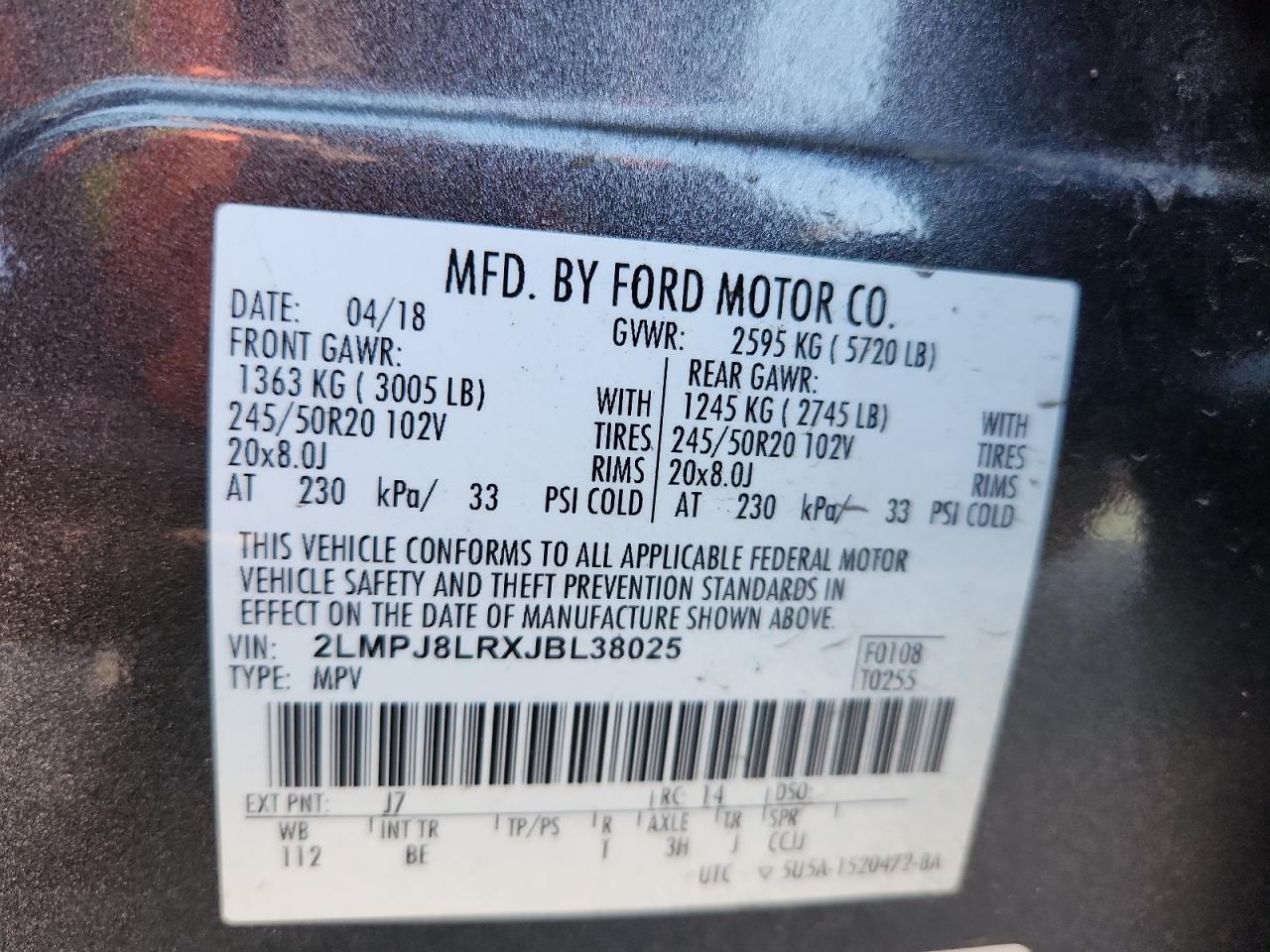 2018 Lincoln Mkx Reserve VIN: 2LMPJ8LRXJBL38025 Lot: 81318645