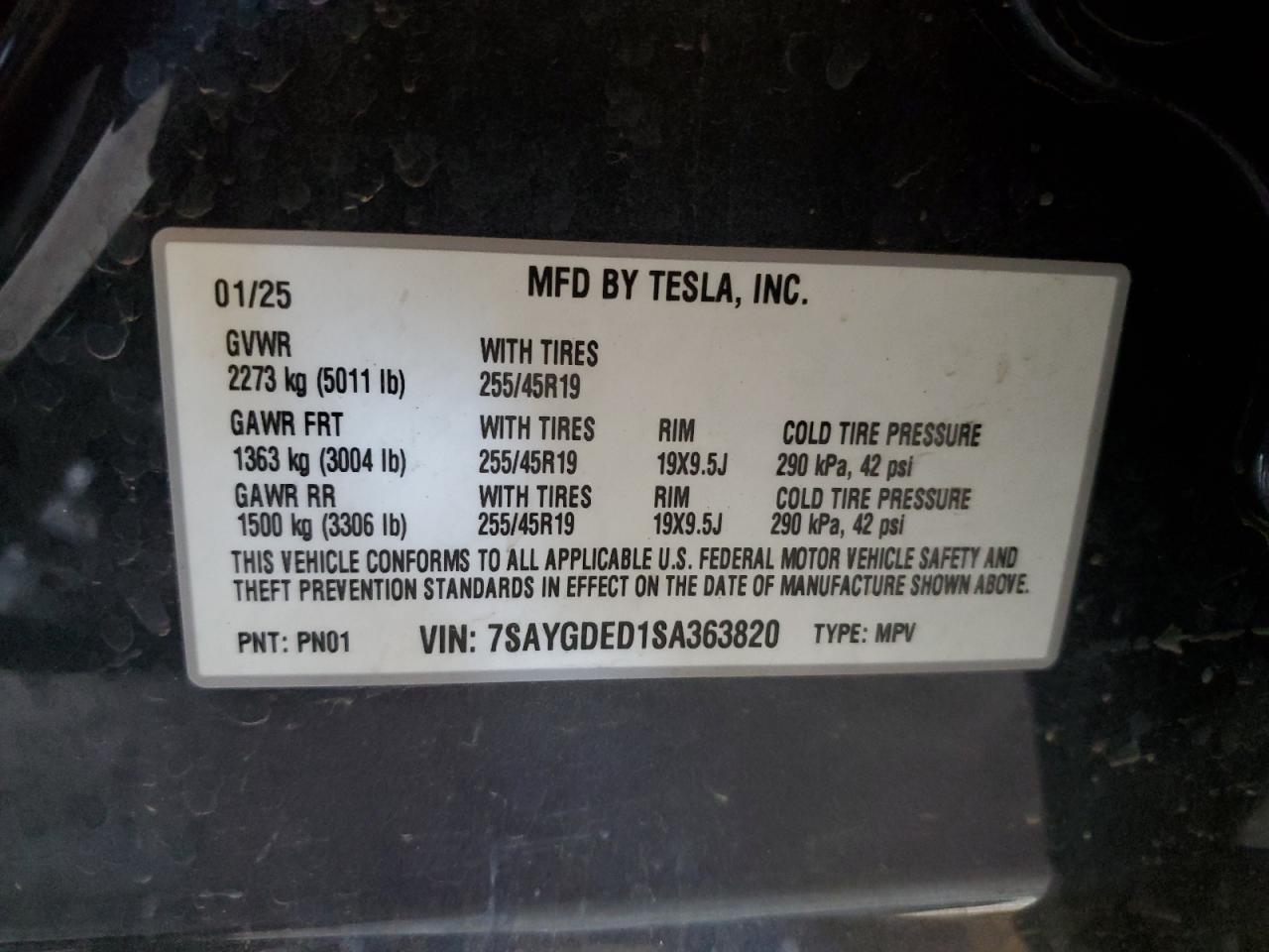 2025 Tesla Model Y VIN: 7SAYGDED1SA363820 Lot: 80477515