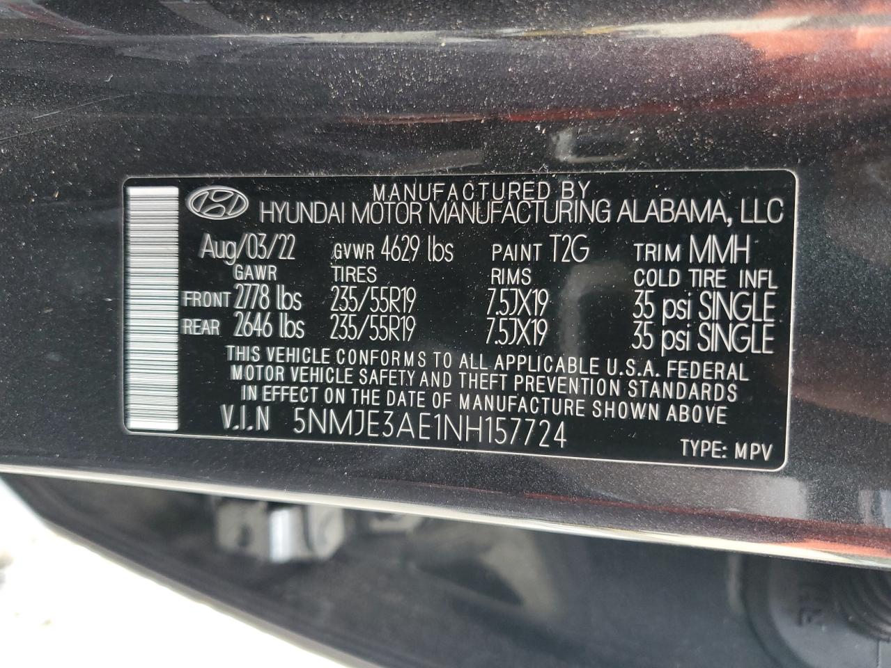 2022 Hyundai Tucson Limited VIN: 5NMJE3AE1NH157724 Lot: 80813825