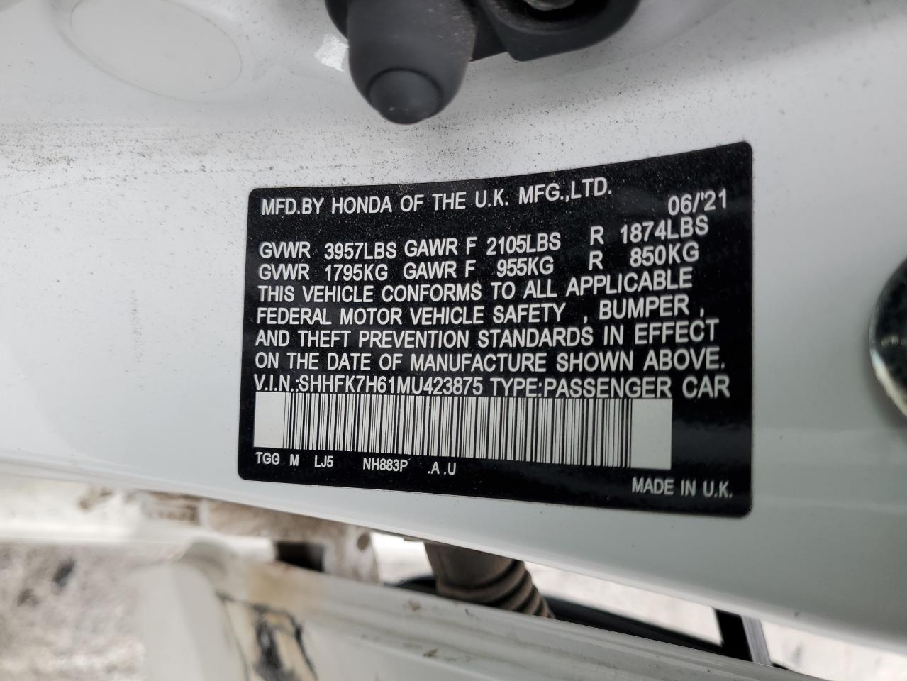 2021 Honda Civic Ex VIN: SHHFK7H61MU423875 Lot: 84595085